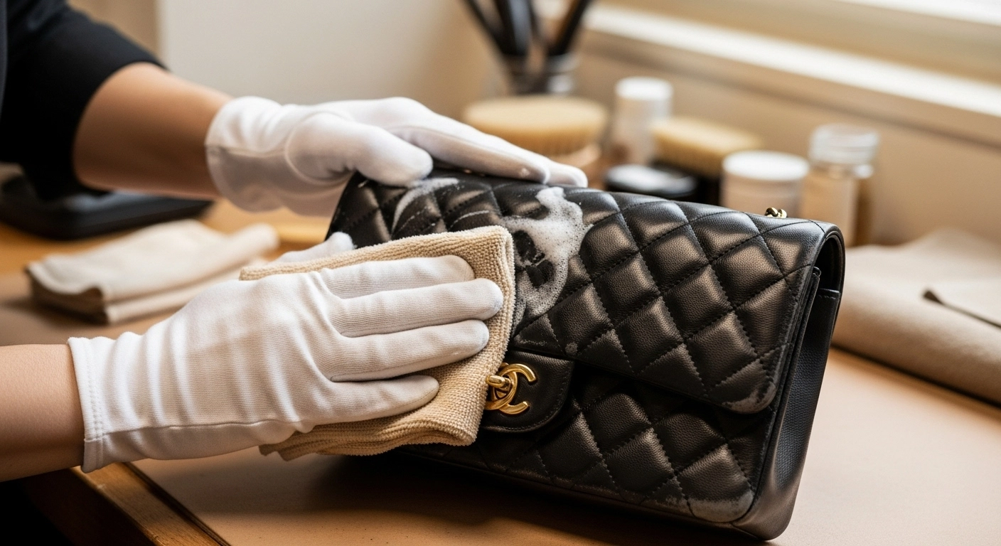 Cleaning a luxury leather handbag at home with soft microfiber cloth